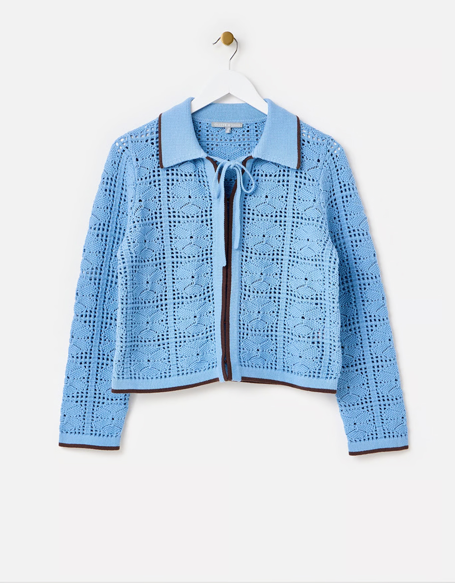 Blue Collared Tie Front Crochet Cardigan